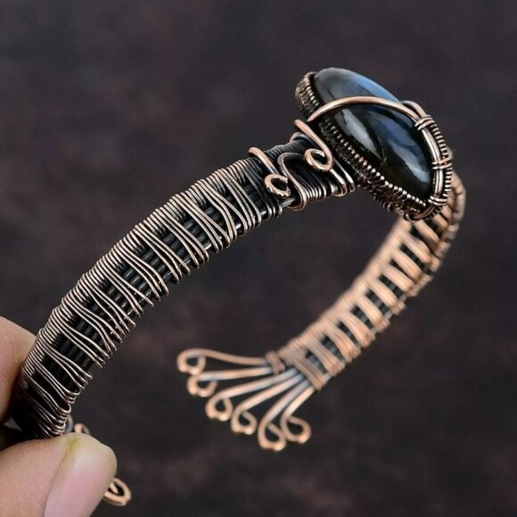 Handcrafted ✦ Marquise Labradorite Bangle ✦ Wire‑Wrapped Copper Bracelet NWT - Picture 4 of 13